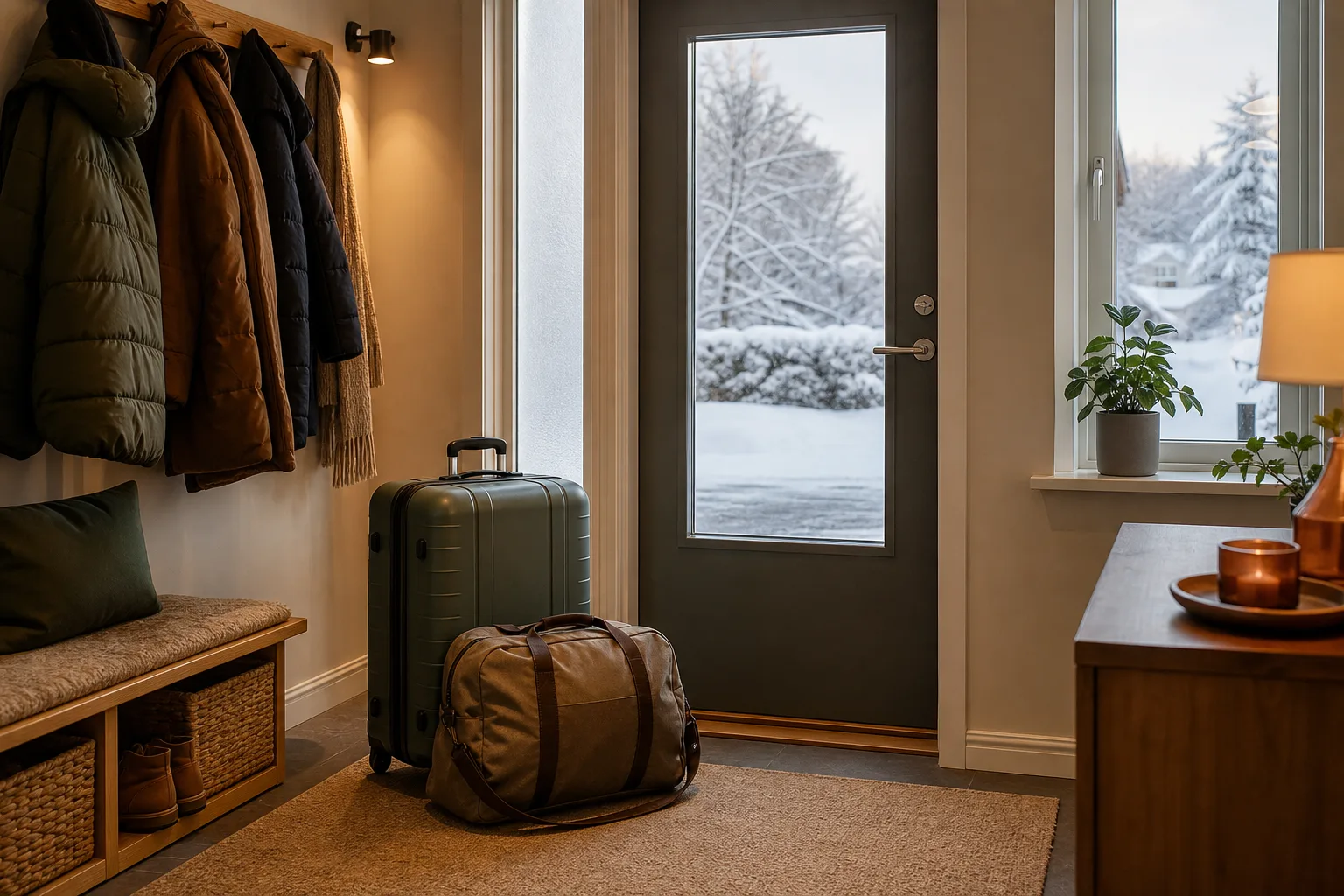 Packade väskor vid ytterdörren och snö utanför fönstret.