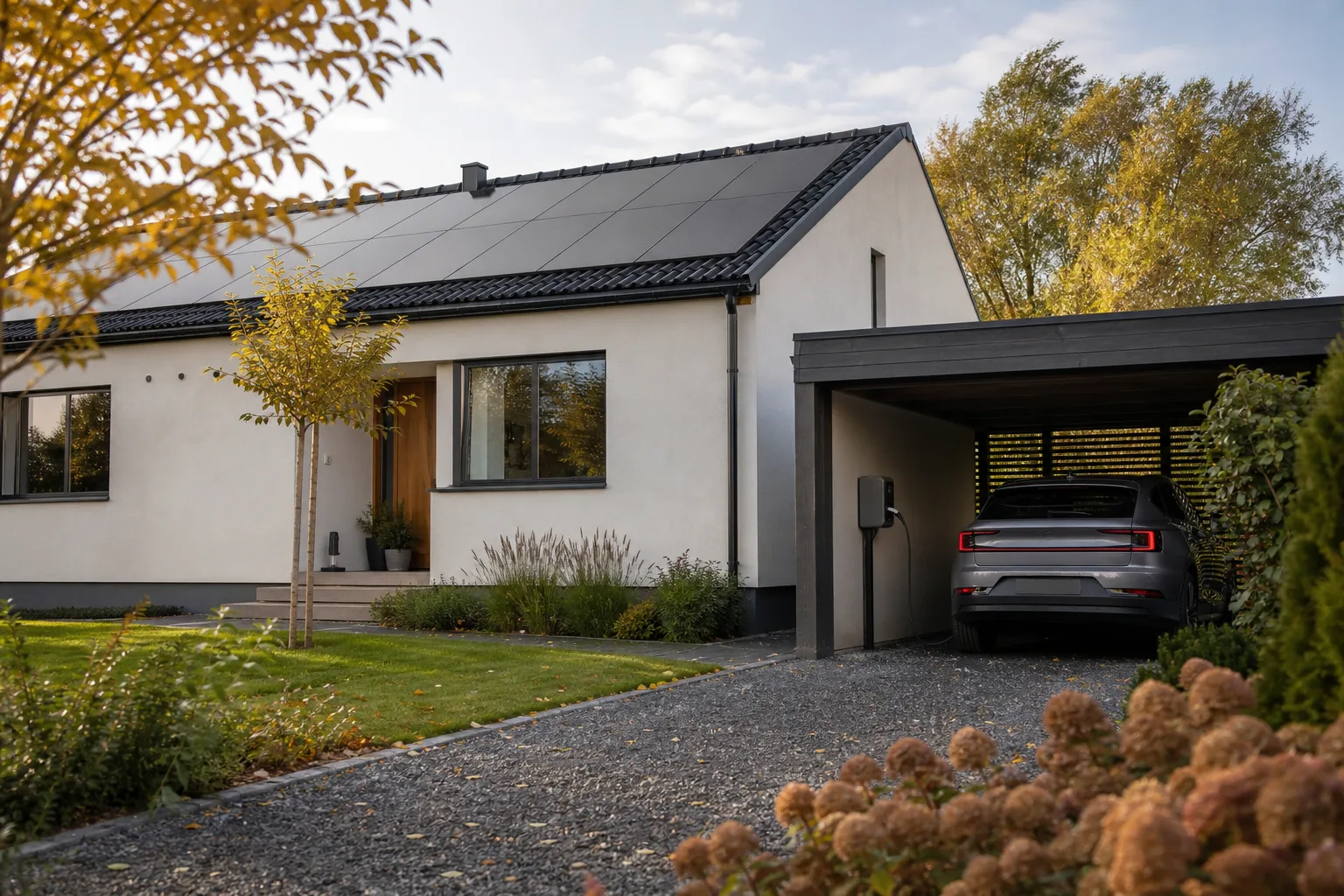 Svensk villa med solpaneler, carport och en bil vid laddplatsen.